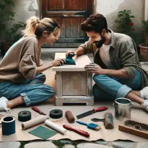 Un couple travaillant ensemble à poncer un meuble en bois pour le relooker, entourés d'outils de bricolage éparpillés sur le sol, symbolisant la collaboration et le partage dans la restauration de meubles DIY
