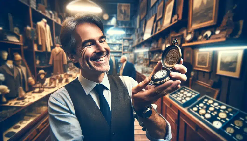 Homme trouve une montre gousset dans une boutique vintage