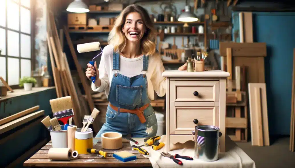 Une femme joyeuse en tenue de bricolage prête à relooker une table de chevet ancienne, entourée d'outils de DIY, exprimant son enthousiasme pour relooker un meuble en bois