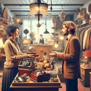 Vendeuse et client négociant un prix dans une boutique vintage