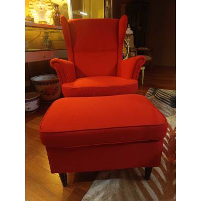 Fauteuil et repose pied rouge en tissue – Image 2